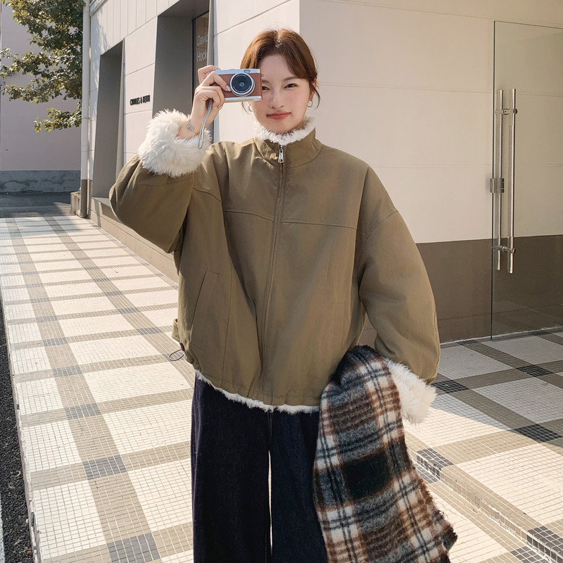 卡其色加绒加厚工装棉服女2025冬季新款韩系休闲百搭羊羔毛外套潮,女装派克服,2C159