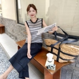 韩系复古条纹无袖圆领上衣阔腿裤两件套女夏2025新款时尚显瘦套装，女装套装/套裙，2C135