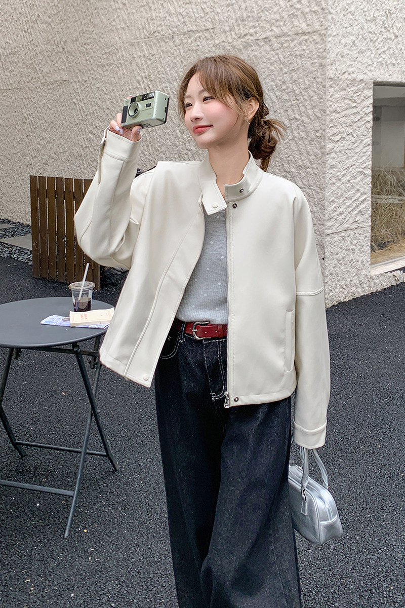 浅米色韩系立领PU皮衣外套女2025秋季小个子洋气炸街流行淡人夹克,女装皮衣,2C258
