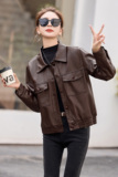 安可拉红加绒皮衣外套女短款polo领韩版气质减龄小个子机车服，女装皮衣，吾爱衣