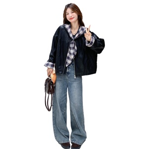 复古拼接连帽皮衣外套女2026新款机车服夹克2C227/3309/P165K238图片