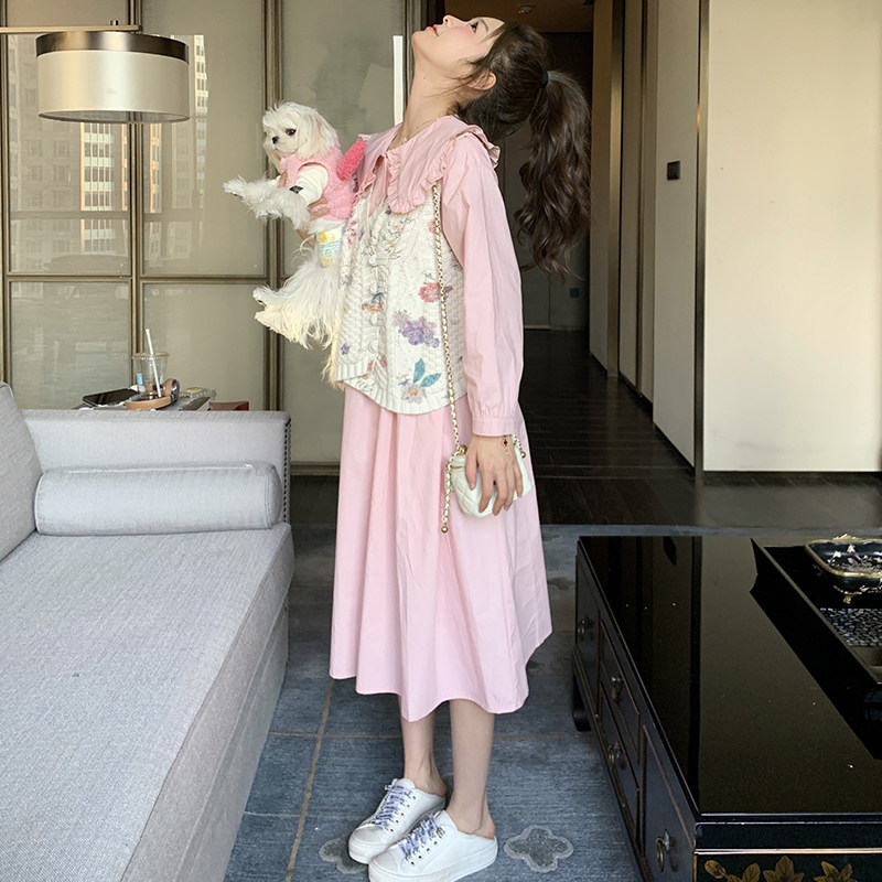 针织马甲粉色娃娃领连衣裙两件套女2025春秋季新款温柔风长裙套装图片