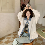 独特超好看牛仔拼接外套女春秋设计感小众休闲百搭假两件白色夹克，女装短外套，2C266