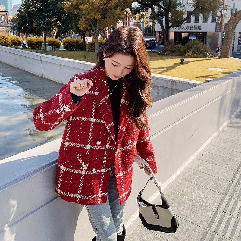 现货，小香风圣诞红高级感格子西装羽绒服2371P210K298,女装羽绒服,2C029