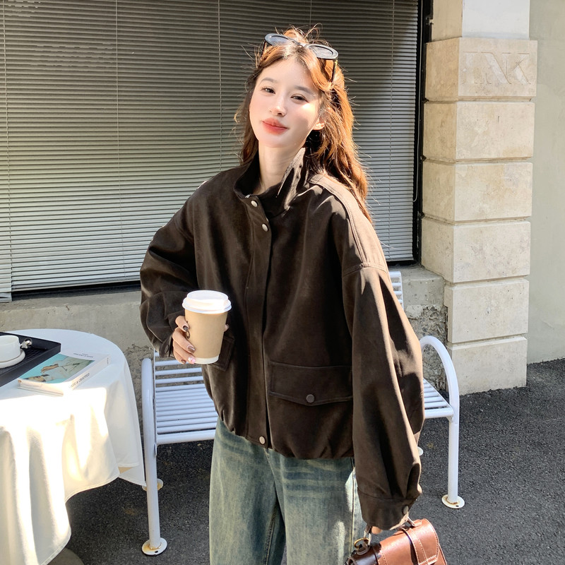 棕色美式复古小个子立领短外套女2025秋季美拉德休闲百搭夹克上衣,女装皮衣,2C258