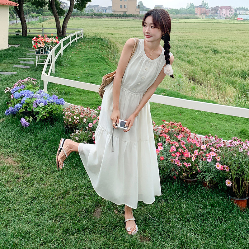 法式温柔风白色无袖连衣裙女2024夏季新款高级感宽松显瘦仙女裙子,女装连衣裙,2C107