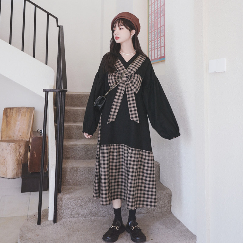 【24春】咖啡格子大蝴蝶结连衣裙2C069-8512-P125K178,女装连衣裙,2C069