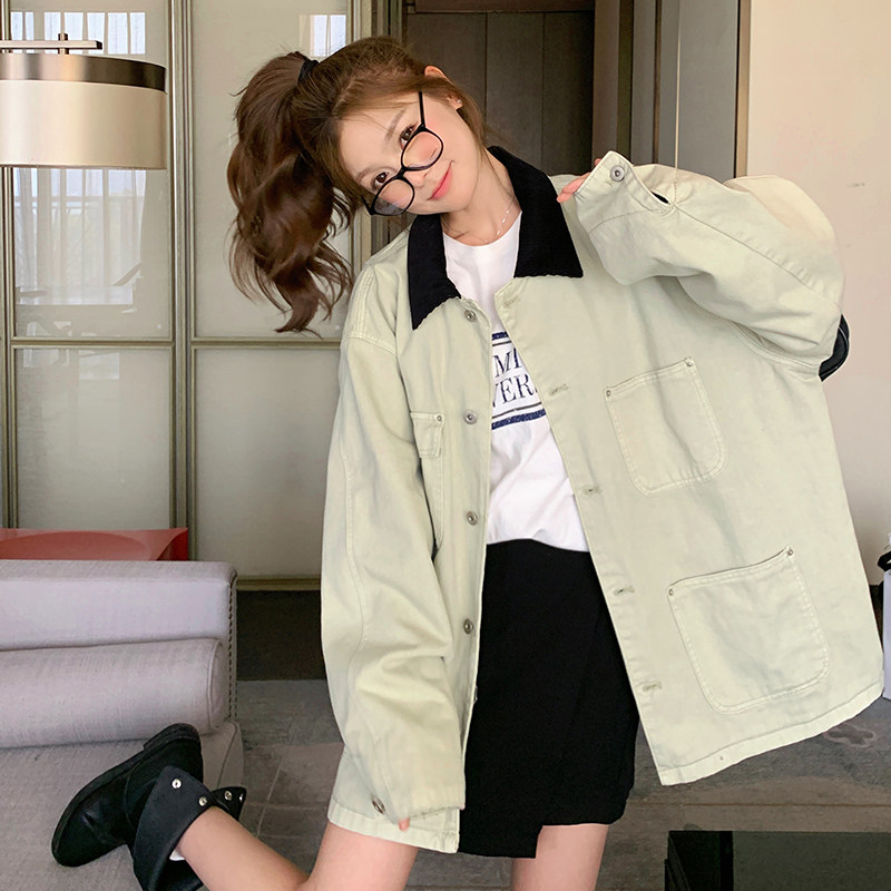 耐磨女拼接纽扣常规款翻领短外套上衣ins秋装韩版春秋小个子长袖图片