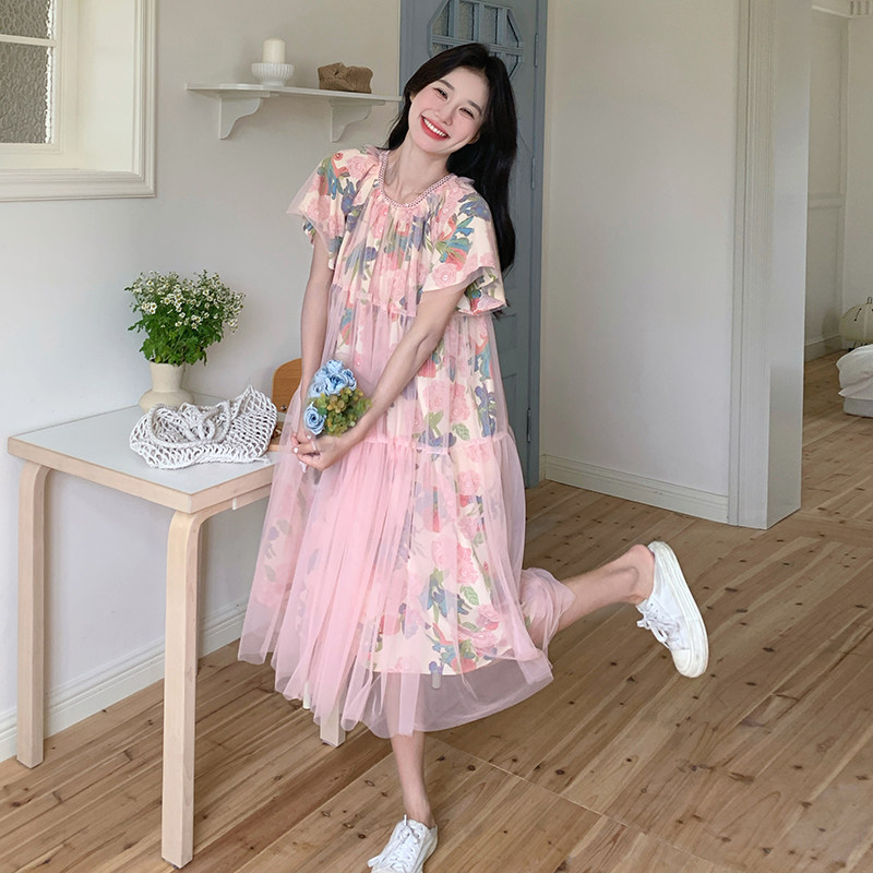 多巴胺粉色网纱拼接碎花连衣裙女夏2025新款法式甜美宽松初恋长裙,女装连衣裙,2C115