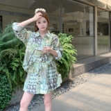 2025夏新款复古设计感防嗮印花百搭衬衫休闲短裤套装女时尚两件套，女装套装/套裙，2C327