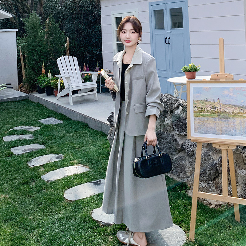 浅灰色假两件西装套装裙女2025春秋季韩系高级感显瘦半身裙两件套,女装套装/套裙,2C009