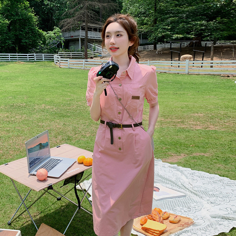 粉色设计感披肩衬衫连衣裙女2025夏季新款韩版小个子收腰显瘦长裙,女装连衣裙,2C316