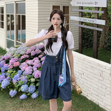 港风复古蓝色牛仔背带裤女2025夏新款设计感小众休闲显瘦连体短裤，女装牛仔裤，2C112