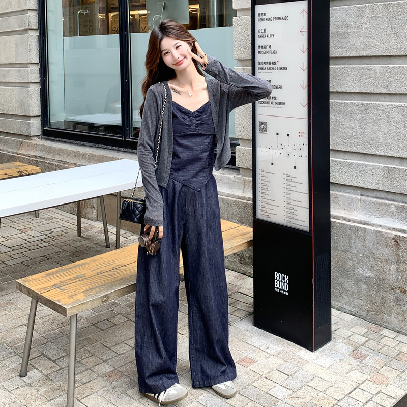 韩系气质通勤休闲风开衫套装女2026秋季新款吊带牛仔阔腿裤三件套,女装套装/套裙,2C159