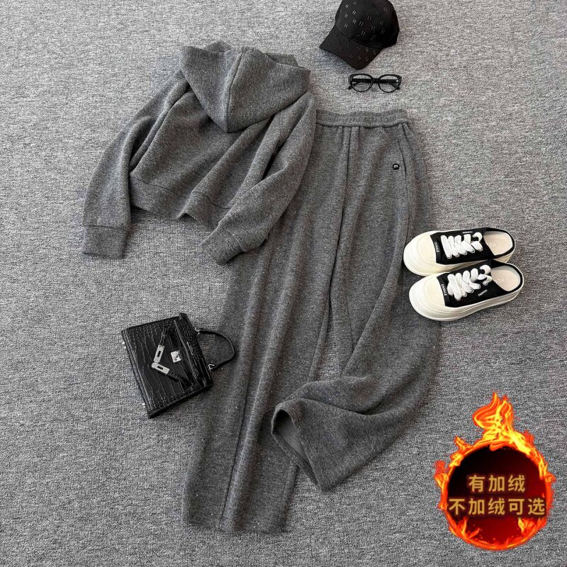 休闲运动时尚套装女秋冬新款高级感气质拉链连帽卫衣直筒裤两件套,女装套装/套裙,2C310