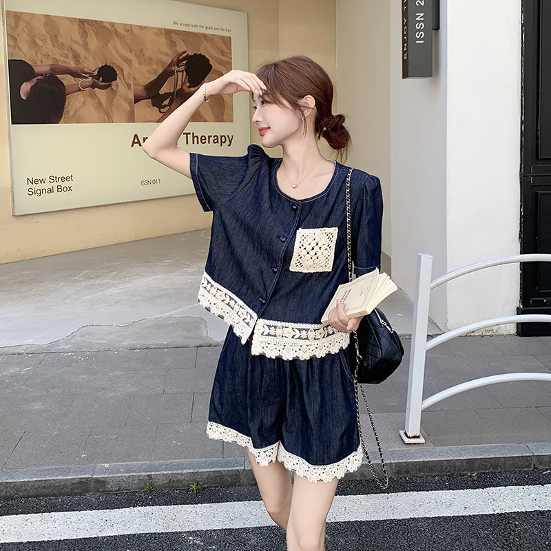 现货2D078-T2063-P145K218蕾丝拼接牛仔套装短裤两件套,女装套装/套裙,2D078
