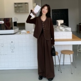 质感高级咖色西装马甲套装女2025春秋款时尚气质腰封阔腿裤三件套，女装套装/套裙，2C233