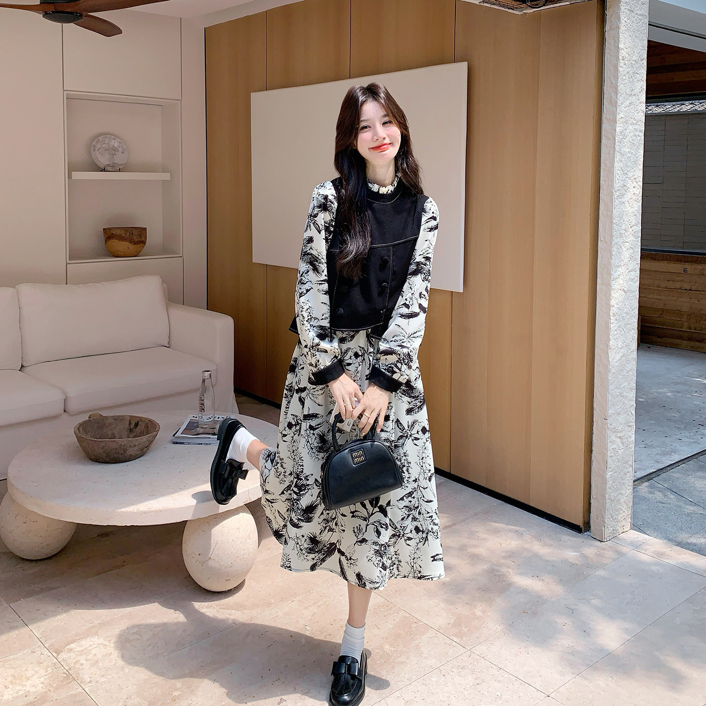 新中式国风假两件拼接长裙女2025秋季新款高级感气质碎花连衣裙,女装连衣裙,2D043