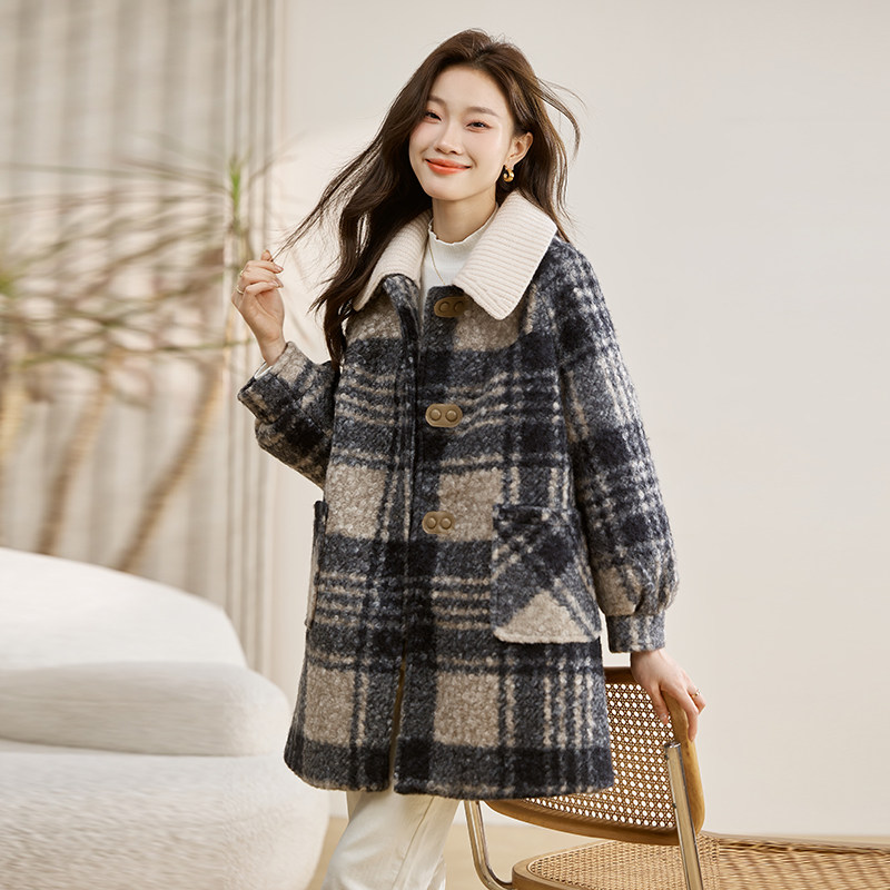 圈圈呢格子毛呢外套女秋冬2024新款学院风森系呢大衣小个子加厚,女装毛呢外套,衣佳和