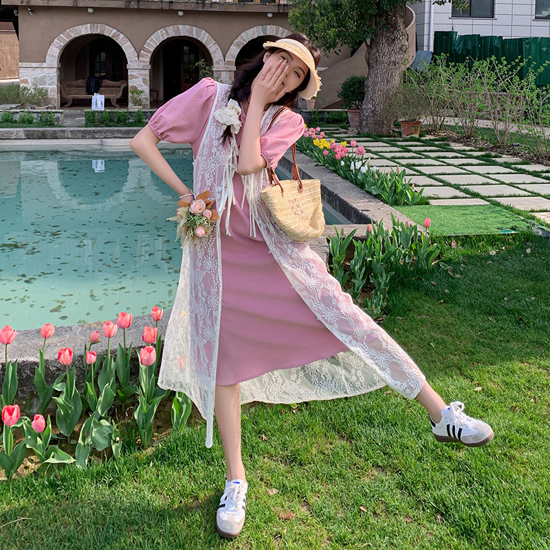 粉色温柔风套装裙女2025年夏季新款泡泡袖连衣裙蕾丝背心裙两件套,女装套装/套裙,2C030