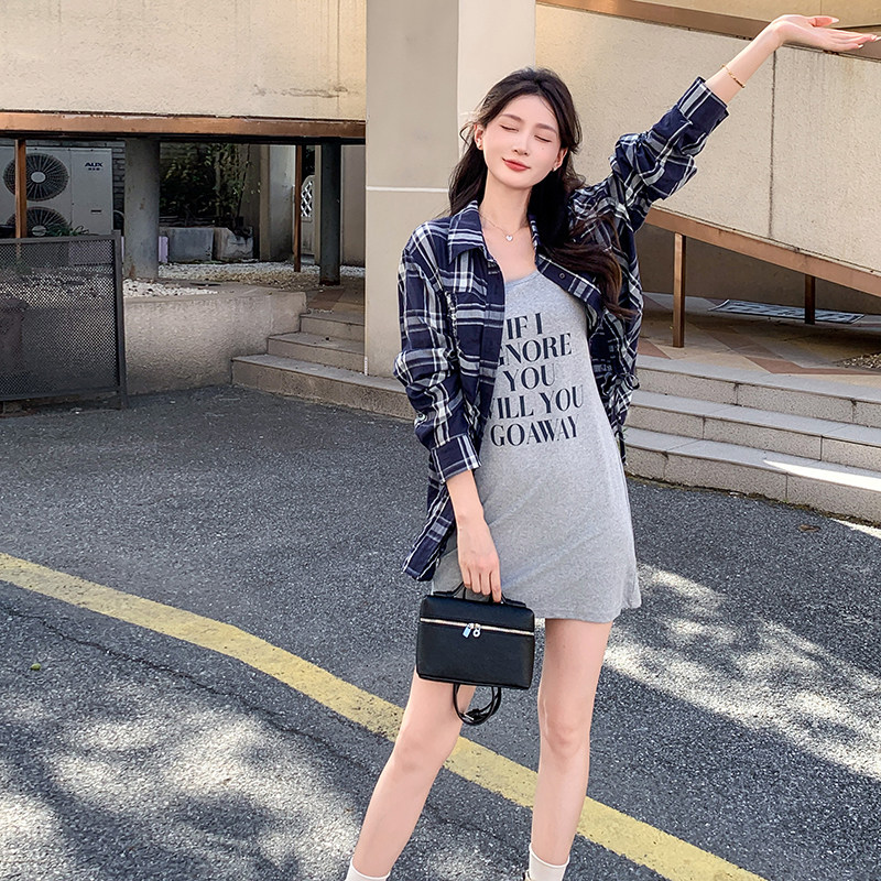 韩版时尚休闲格纹衬衫套装女2025春秋新款显瘦气质吊带短裙两件套,女装套装/套裙,2C291