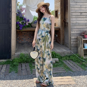 水墨画印花吊带阔腿裤套装女夏2025新款又酷又飒穿搭两件套巨好看图片