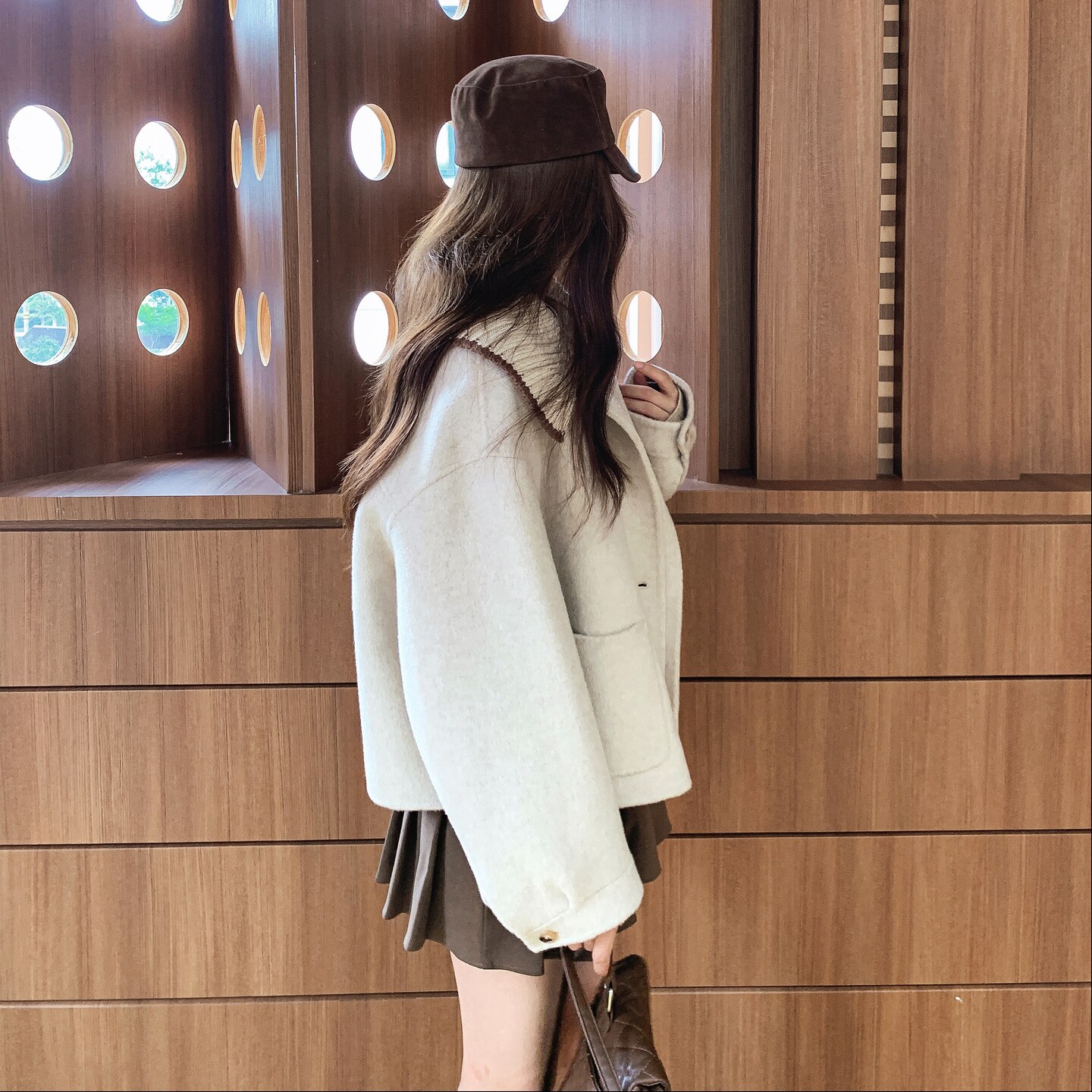 针织娃娃领拼接灰色双面羊毛呢子大衣女秋冬2025年奶呼呼毛呢外套,女装毛呢外套,2D008