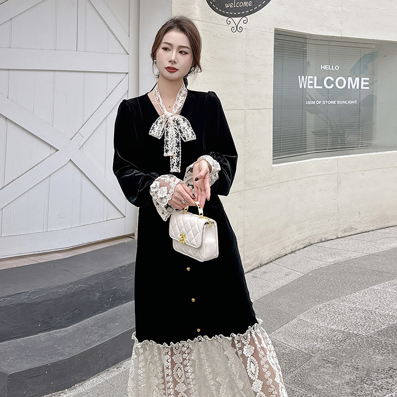 春装新款丝绒拼色连衣裙2C092-5129-P130-K218,女装连衣裙,2C092