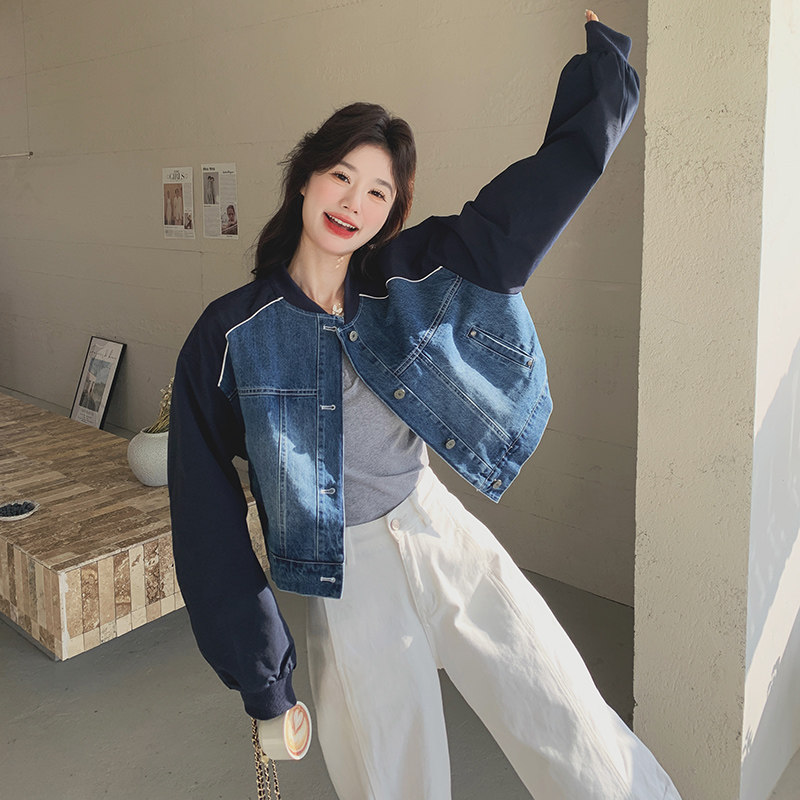 拼接牛仔棒球服短外套女春秋2025新款小个子休闲夹克火减龄高级感,女装短外套,2C077