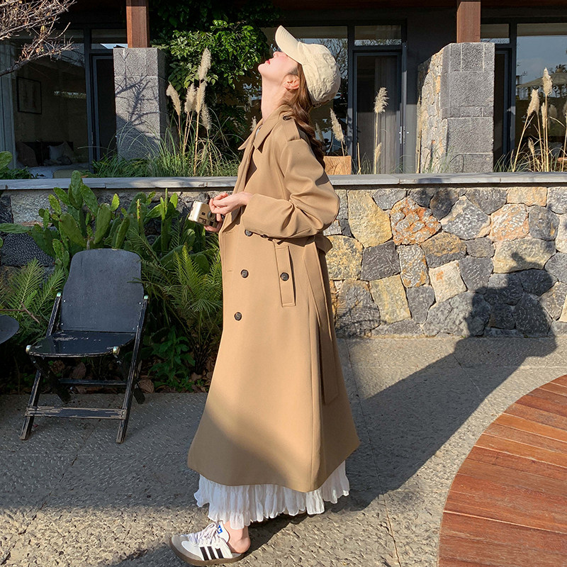 现货现货2025春季新款卡其色长款韩版双排扣风衣外套女,女装风衣,2C012