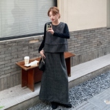 高级小众穿搭灰色马甲套装女春秋超火好看高级小众半身长裙三件套，女装套装/套裙，2D035