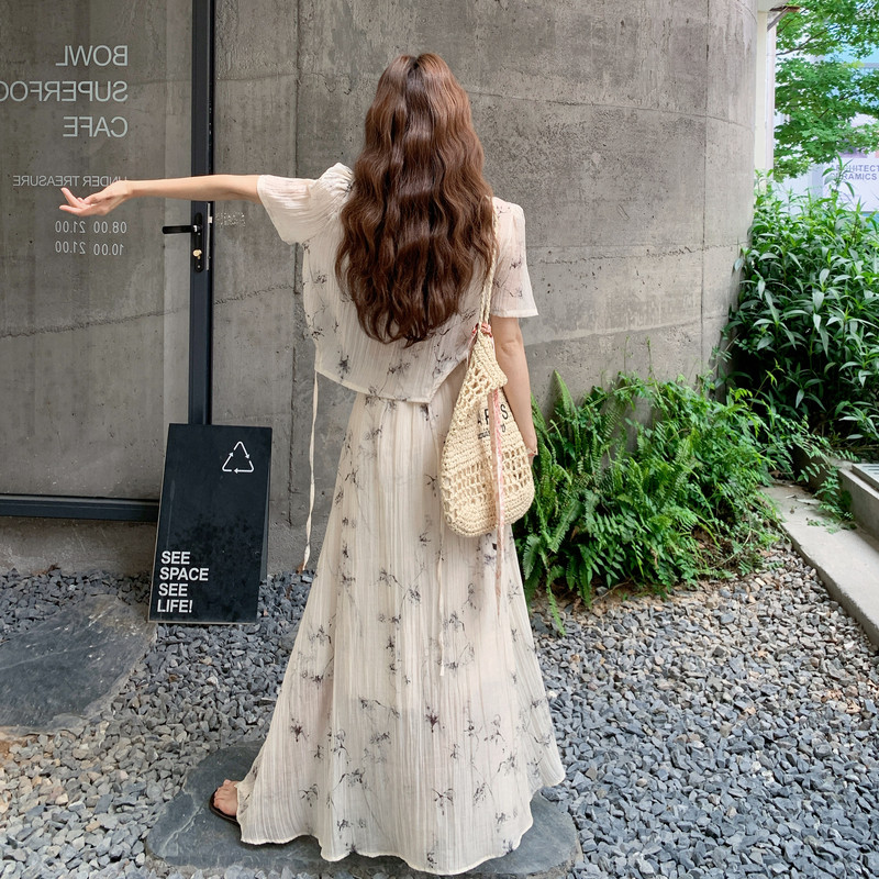 新中式国风水墨印花套装裙女2025夏新款复古优雅上衣半身裙两件套,女装套装/套裙,2C159