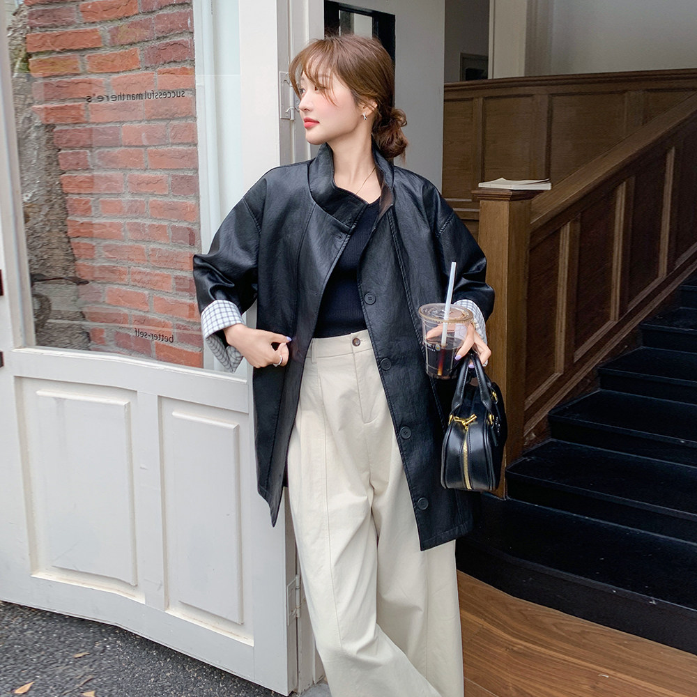 高级感单排扣皮衣风衣外套女2025秋季新款超火流行复古宽松大衣潮,女装皮衣,2C275
