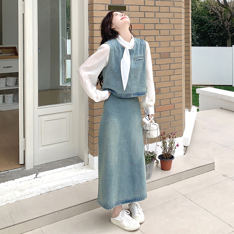 时尚牛仔小香风套装女2025春秋新款洋气减龄马甲小衫阔腿裤两件套,女装套装/套裙,2D078