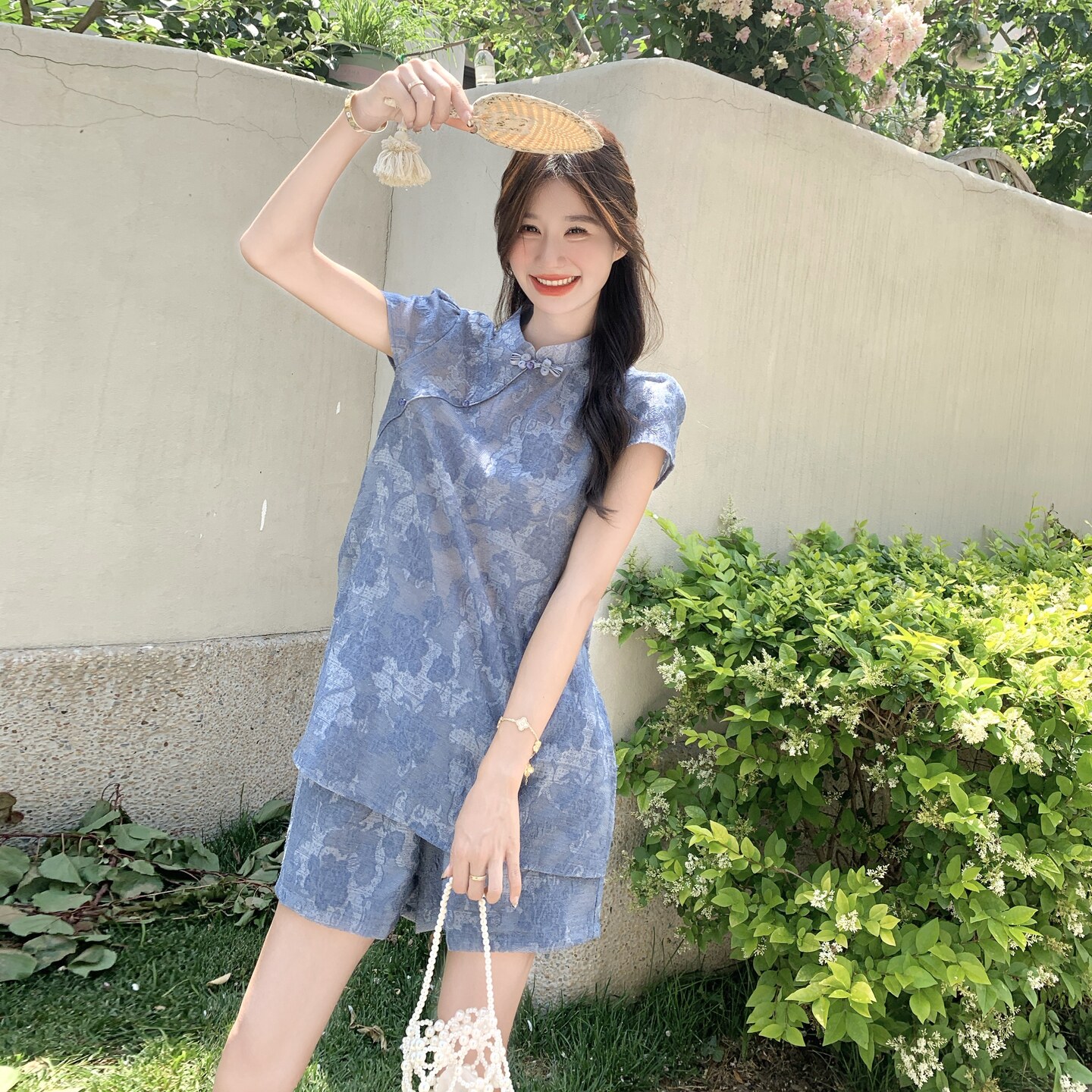 新中式国风套装女2025夏季新款时尚复古盘扣印花上衣阔腿裤两件套,女装套装/套裙,2C135