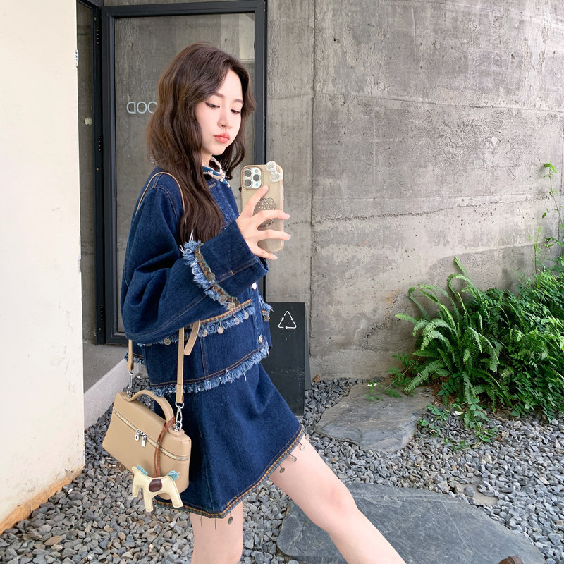 复古牛仔套装裙女秋季2025新款韩系小个子短款外套半身裙两件套,女装套装/套裙,2C230