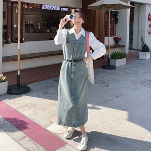 超好看复古牛仔连衣裙长袖衬衫两件套女2024春秋新款气质长裙套装图片