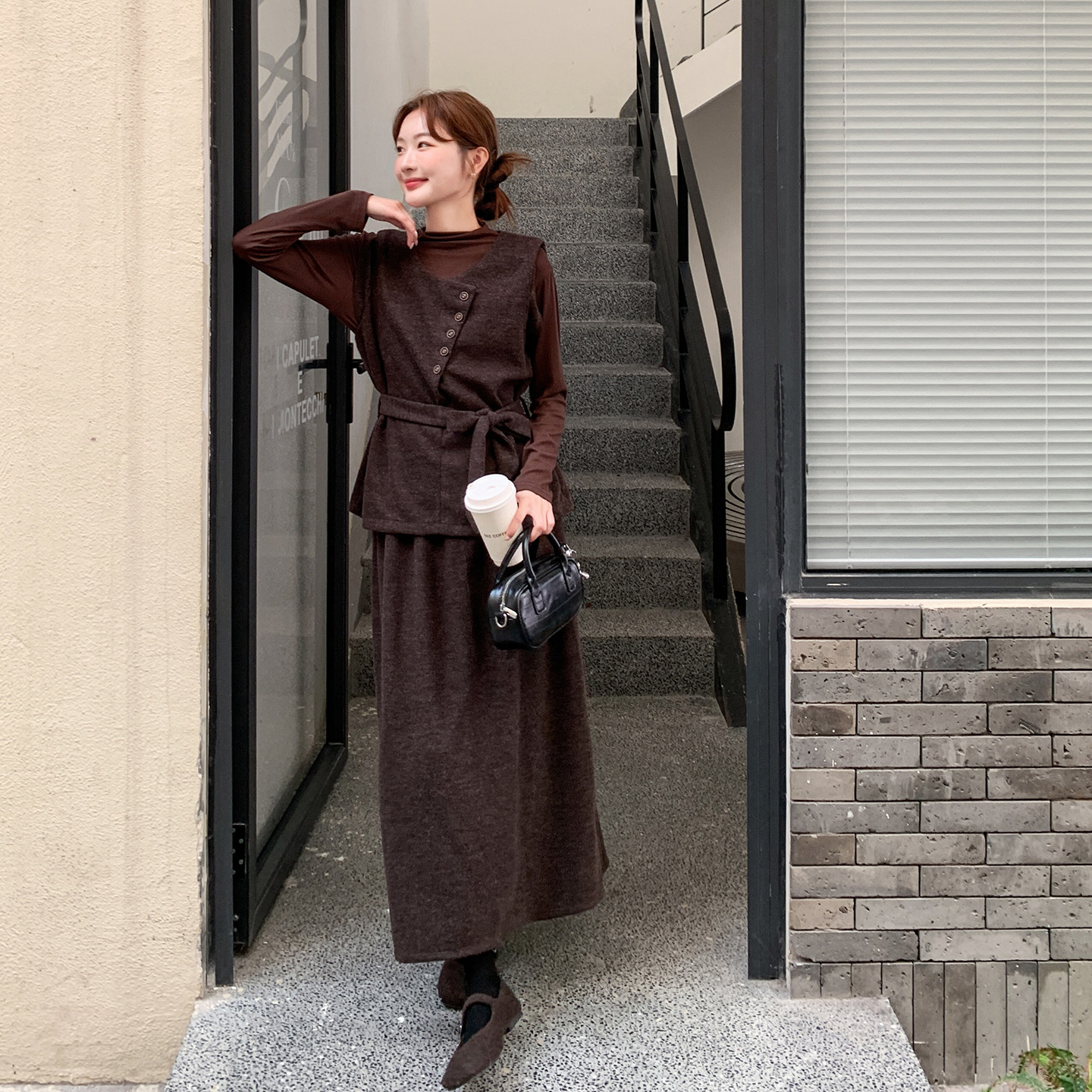 深咖色美拉德时髦穿搭套装裙女秋季2025新款马甲内搭半身裙三件套,女装套装/套裙,2D078