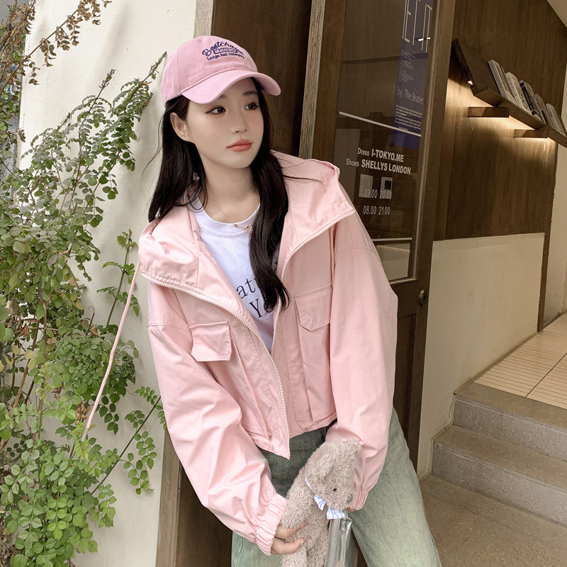 奶乎乎粉色连帽工装外套女春秋2025新款小个子短款夹克上衣减龄,女装短外套,2C266