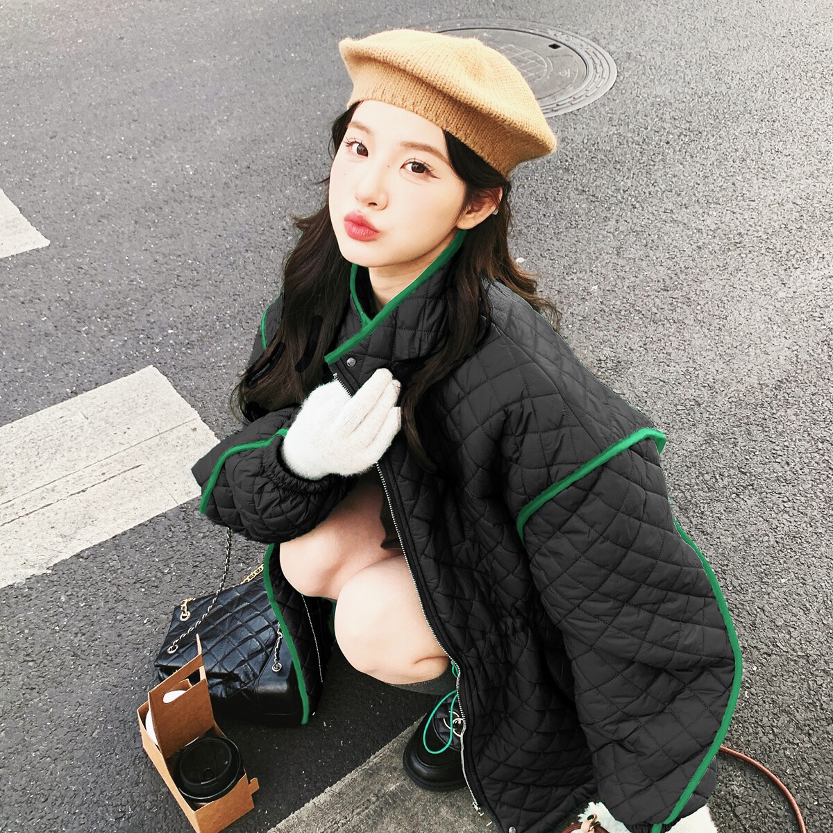 超好看绿色菱格羽绒棉服女冬季新款设计感小众抽绳显瘦小个子外套,女装棉衣/棉服,2C137