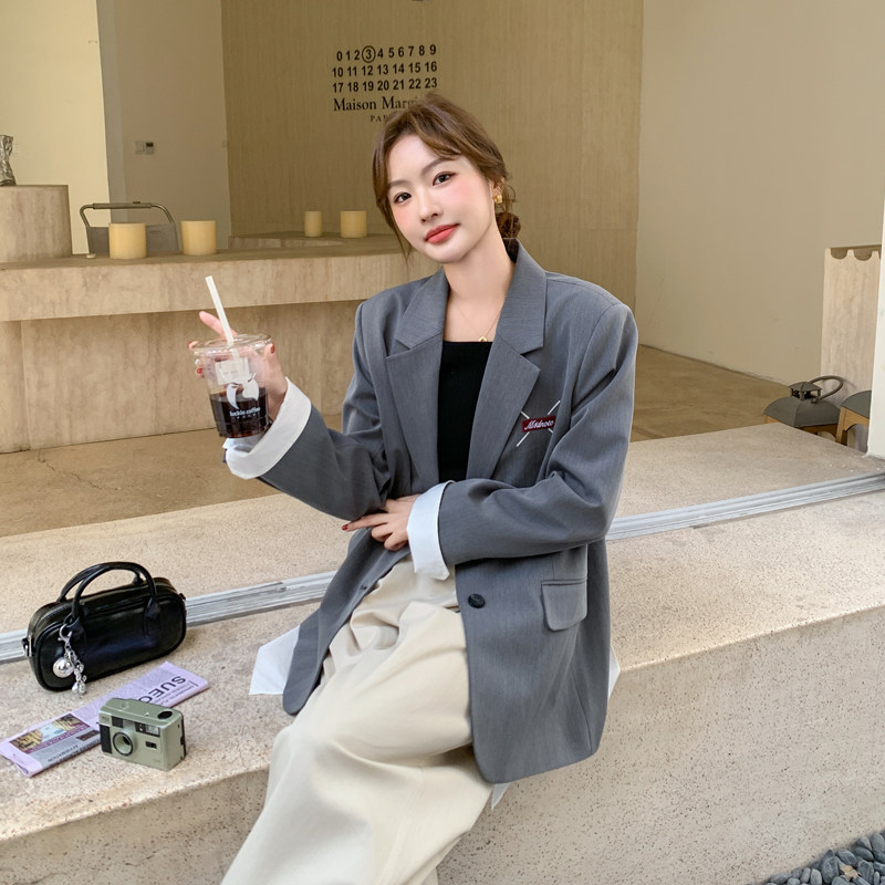 灰色韩版宽松休闲西装外套女2025秋季新款小个子时尚显瘦西服上衣,女装西装,2C092