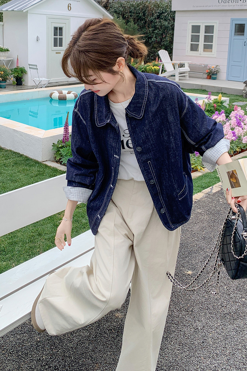 现货春季新款蓝色牛仔外套袖子假两件2C275-5501-P135-K198,女装短外套,2C275