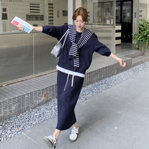 韩系学院条纹披肩藏青色卫衣半身裙套装女秋季2025新款休闲两件套图片
