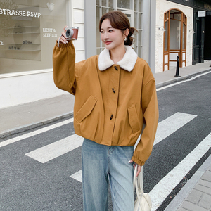 羊羔毛领黄色工装派克服女冬季2025新款短款棉服小个子流行超火图片