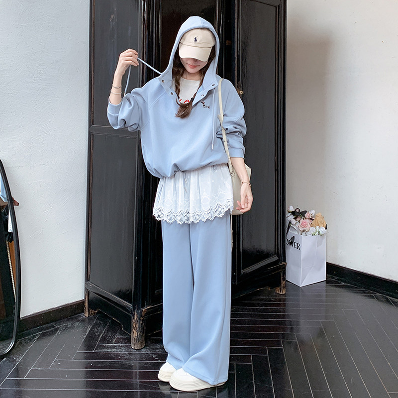 蓝色蕾丝假两件卫衣套装2025新款女秋爆款松弛感休闲阔腿裤两件套,女装套装/套裙,2D044