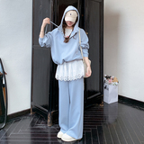 蓝色蕾丝假两件卫衣套装2025新款女秋爆款松弛感休闲阔腿裤两件套，女装套装/套裙，2D044