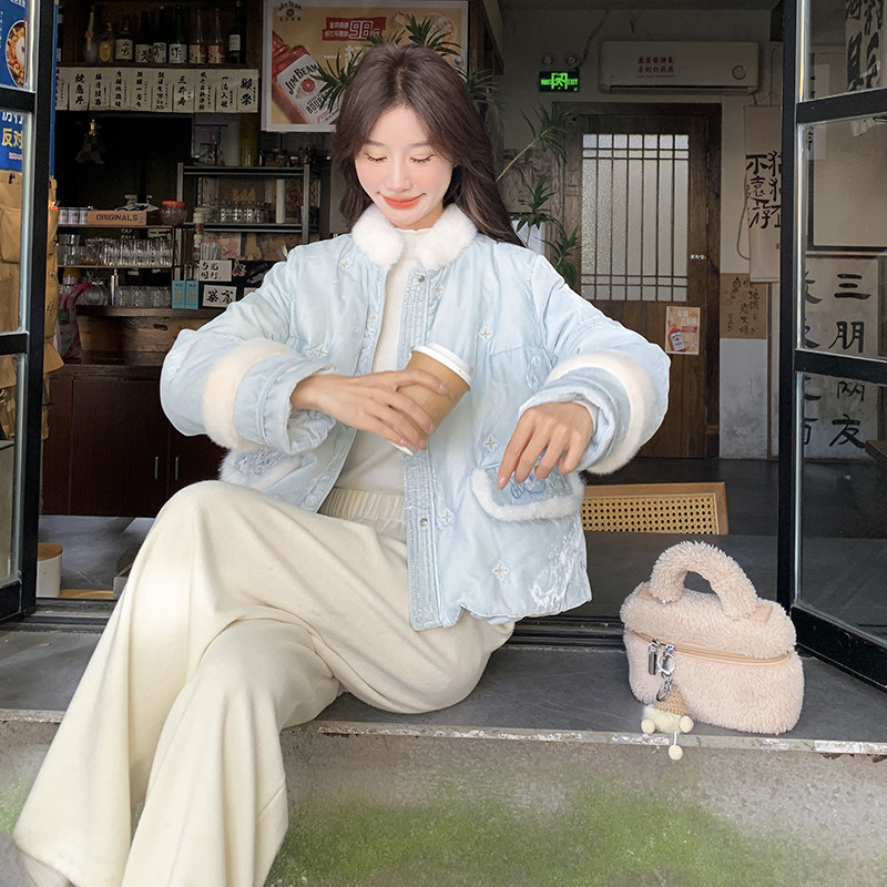 新中式国风减龄拼接毛毛羽绒服女2025冬季新款显瘦加厚白鸭绒外套,女装羽绒服,2C057