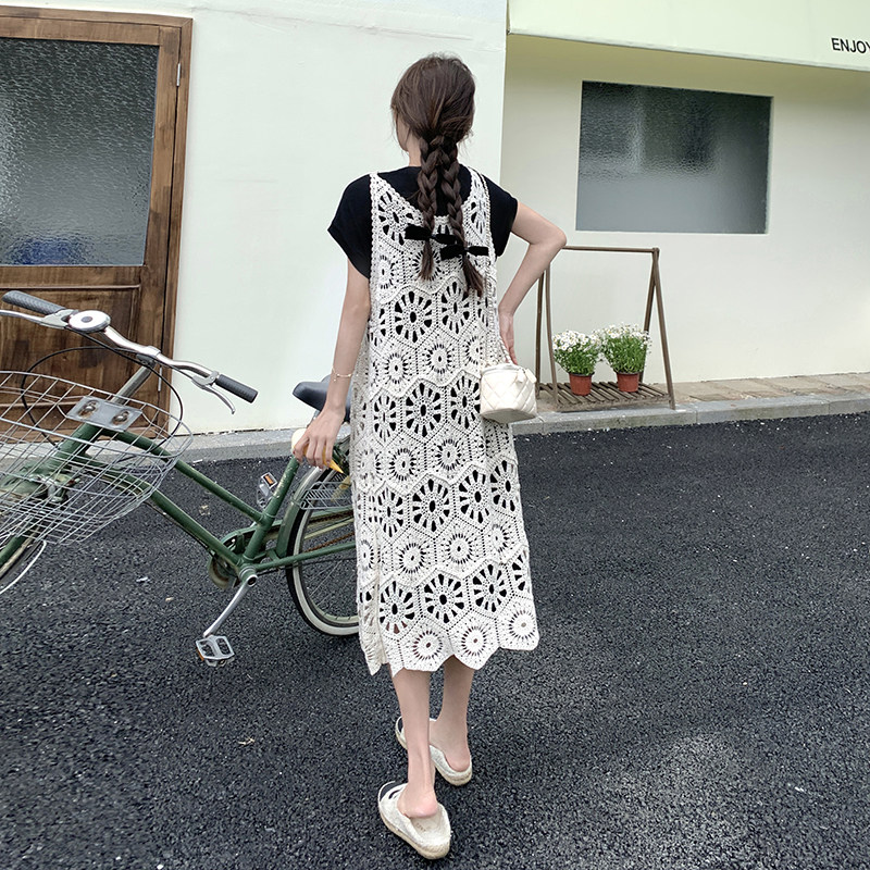 夏季搭配一整套黑色T恤裙女2025新款设计感镂空针织吊带裙,女装连衣裙,2C098