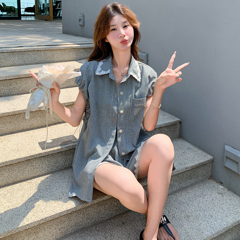 时尚精致格纹蕾丝拼接领宽松衬衫女夏季高腰短裤裙小个子两件套,女装套装/套裙,2C166