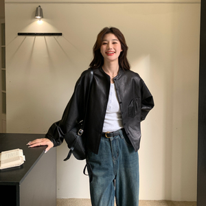 韩系黑色立领皮衣外套女春秋2025新款小香风简约百搭流行pu夹克图片